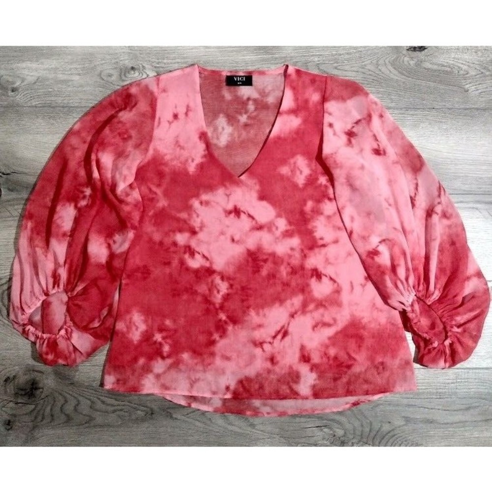Vici Shirt Womens Size XS Sheer Lined Blouse Tie-Dyed Long Sleeve Top Red Pink